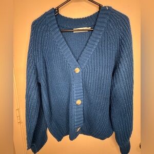 Elegant Blue Button-Up Cable Knit Cardigan
